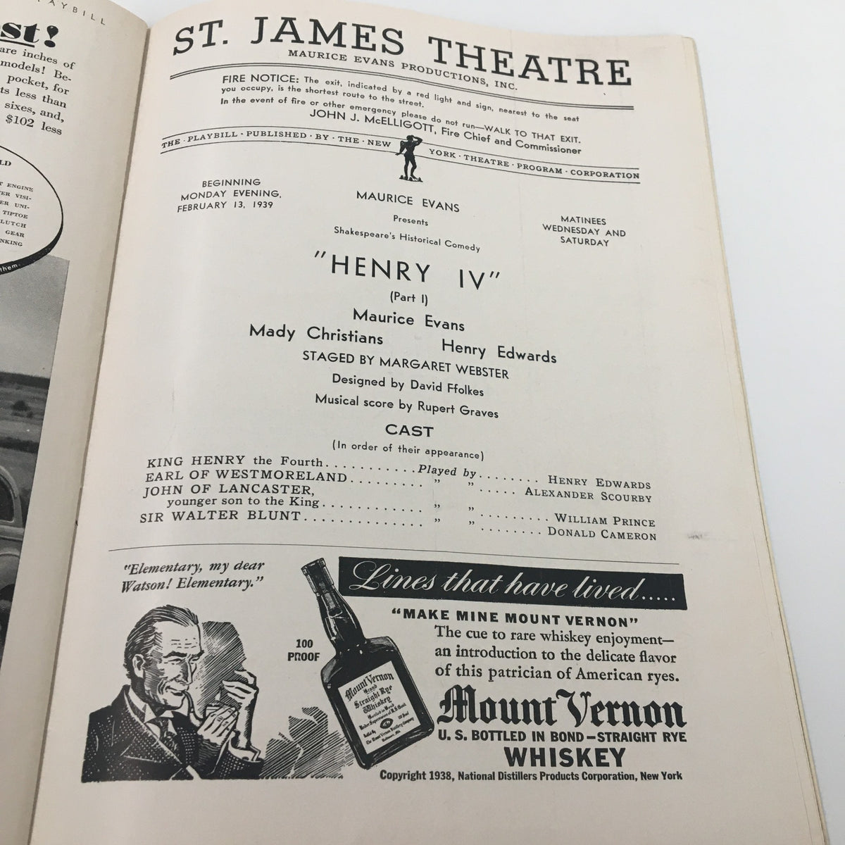 Interior page of the 1939 Playbill for 'Henry IV Part I' showcasing the cast and production details at St. James Theatre.