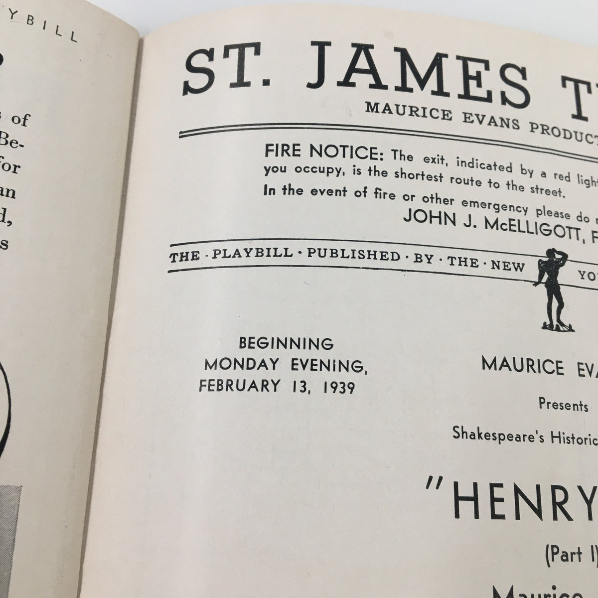 Another interior page from the 1939 Playbill for the St. James Theatre featuring the production date and additional cast information.