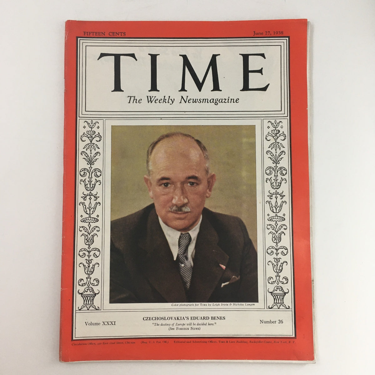Cover of Time Magazine from June 27, 1938, featuring Czechoslovakia's Eduard Benes, with a portrait of him and the magazine title prominently displayed in red and black.