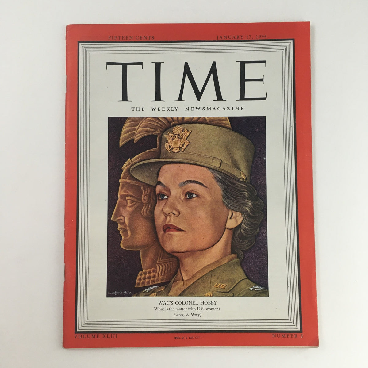 Cover of Time Magazine from January 17, 1944, featuring WAC's Colonel Oveta Culp Hobby, highlighting her role in women's military service during World War II.