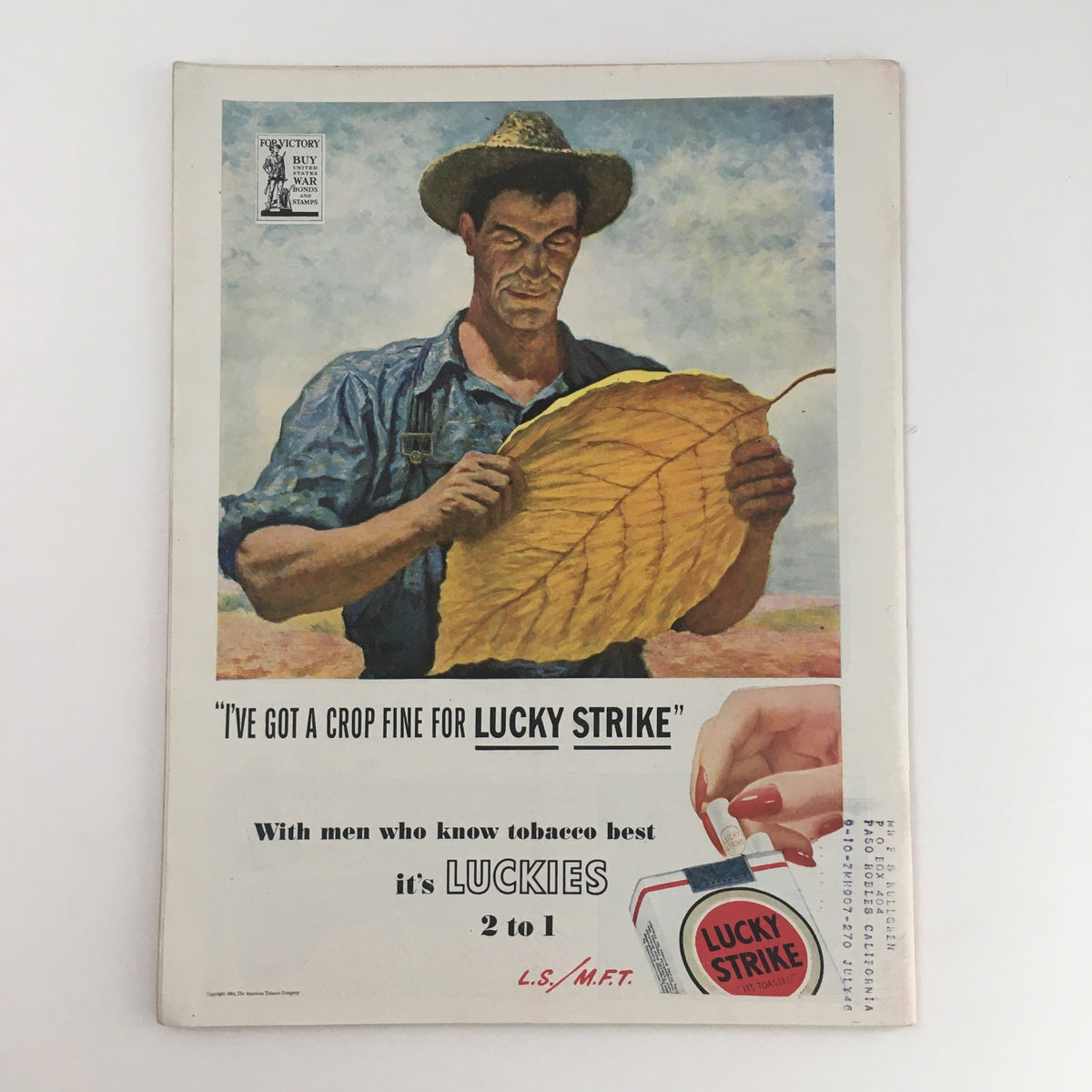 Back cover of Time Magazine from January 17, 1944, showcasing an advertisement for Lucky Strike cigarettes.