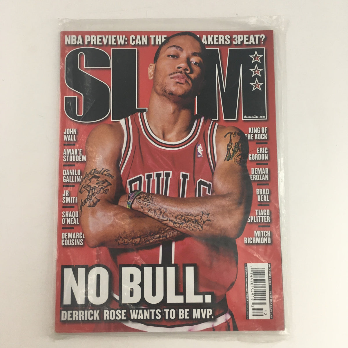 Slam Magazine December 2010 featuring NBA Chicago Bulls' Derrick Rose on the cover, showcasing the phrase 'NO BULL.' Derrick Rose discusses his aspirations to become NBA MVP.