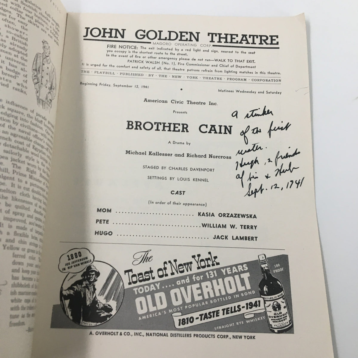 1941 Playbill of Brother Cain, featuring cast details and production notes at John Golden Theatre.