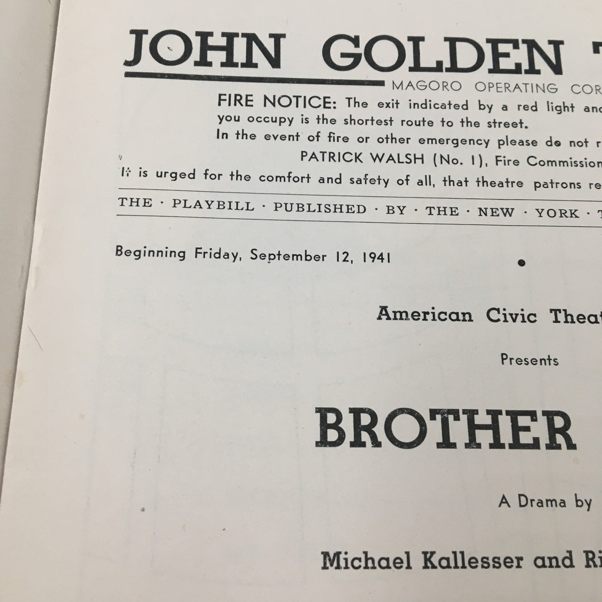 Interior page of the 1941 Playbill for Brother Cain, displaying production details and a fire safety notice.