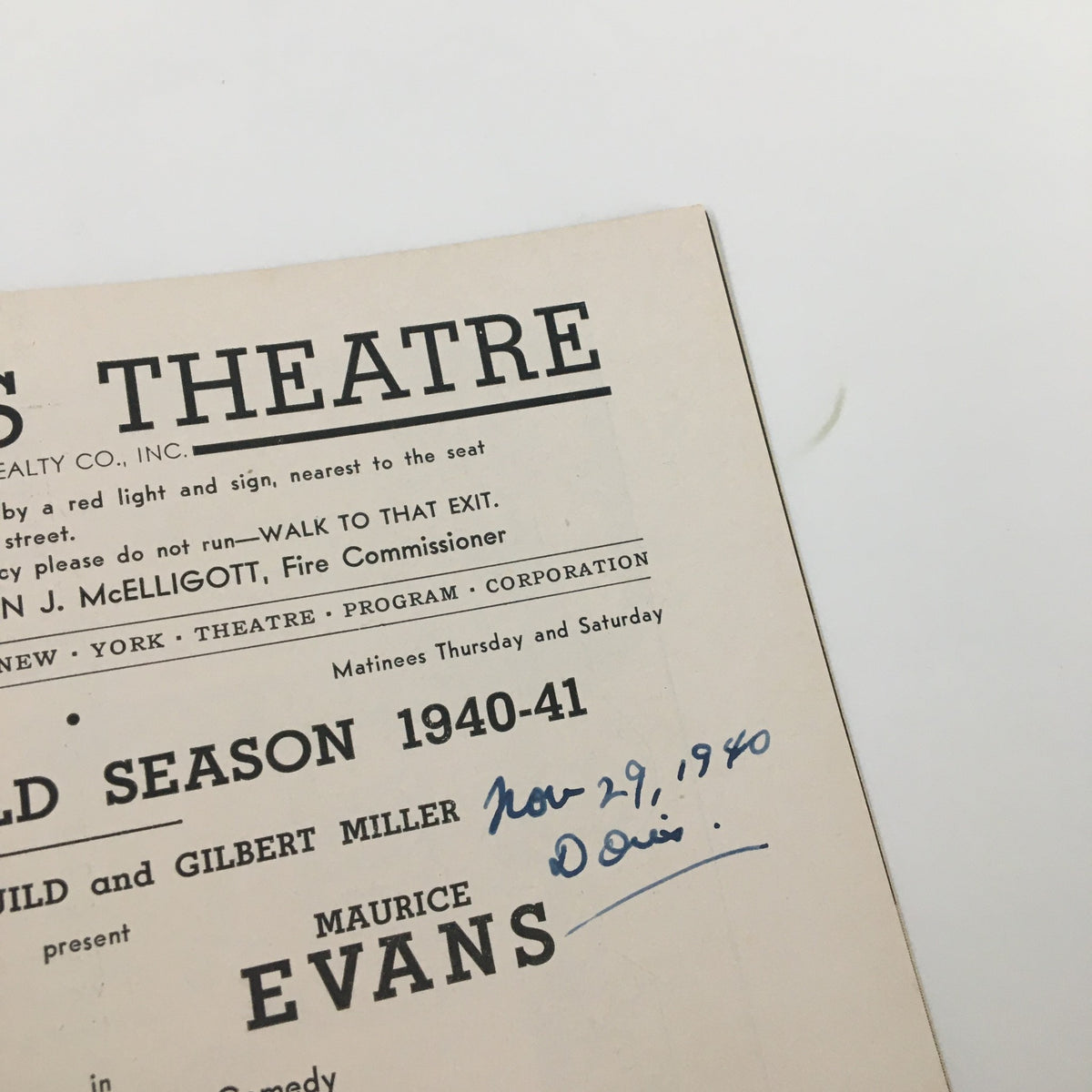 1940 Playbill from St. James Theatre featuring Helen Hayes and Maurice Evans in Twelfth Night. The image shows the playbill's cover with the theatre's name and performance date written in pen.