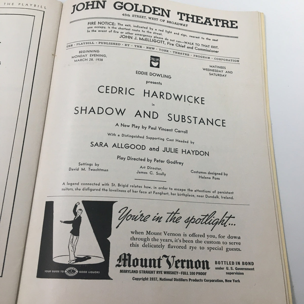 Vintage 1938 Playbill featuring Cedric Hardwicke in Shadow and Substance at John Golden Theatre, showcasing the theater program details and cast members.