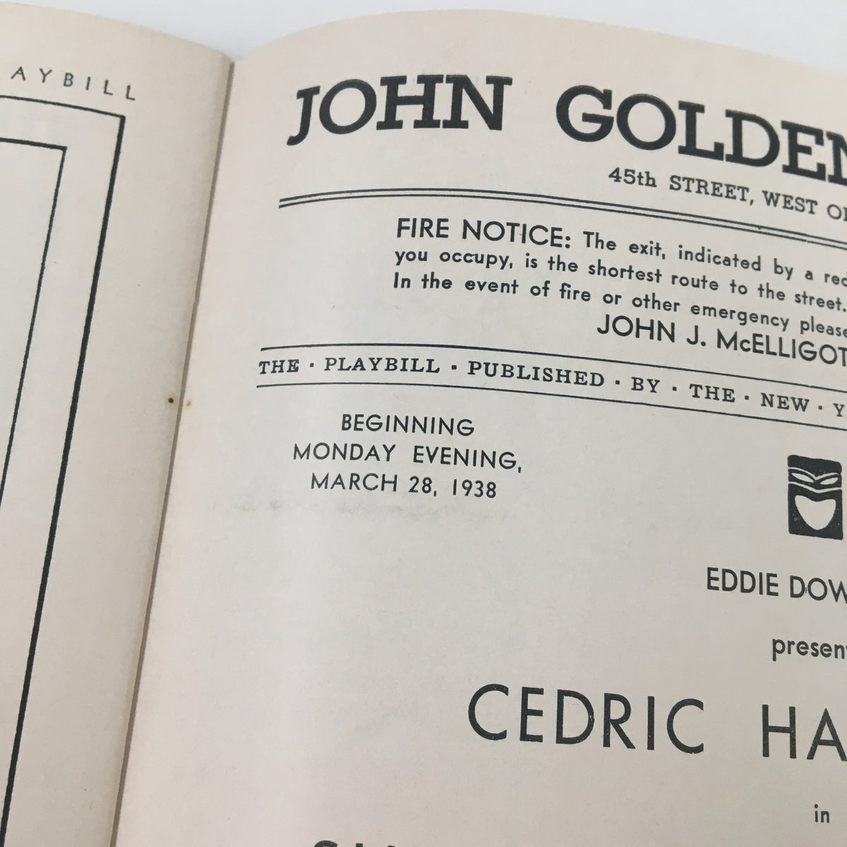 Close-up view of the 1938 Playbill for Shadow and Substance, highlighting Cedric Hardwicke's performance at John Golden Theatre with date information.