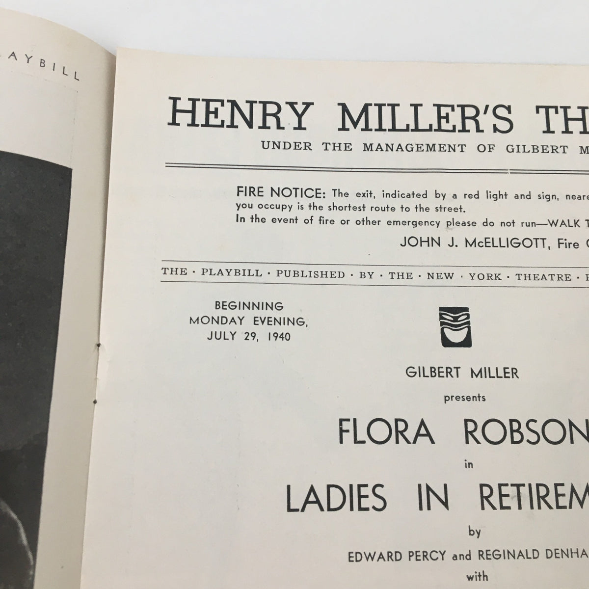 1940 Playbill for Flora Robson in 'Ladies in Retirement' at Henry Miller's Theatre, featuring production details and presentation information.