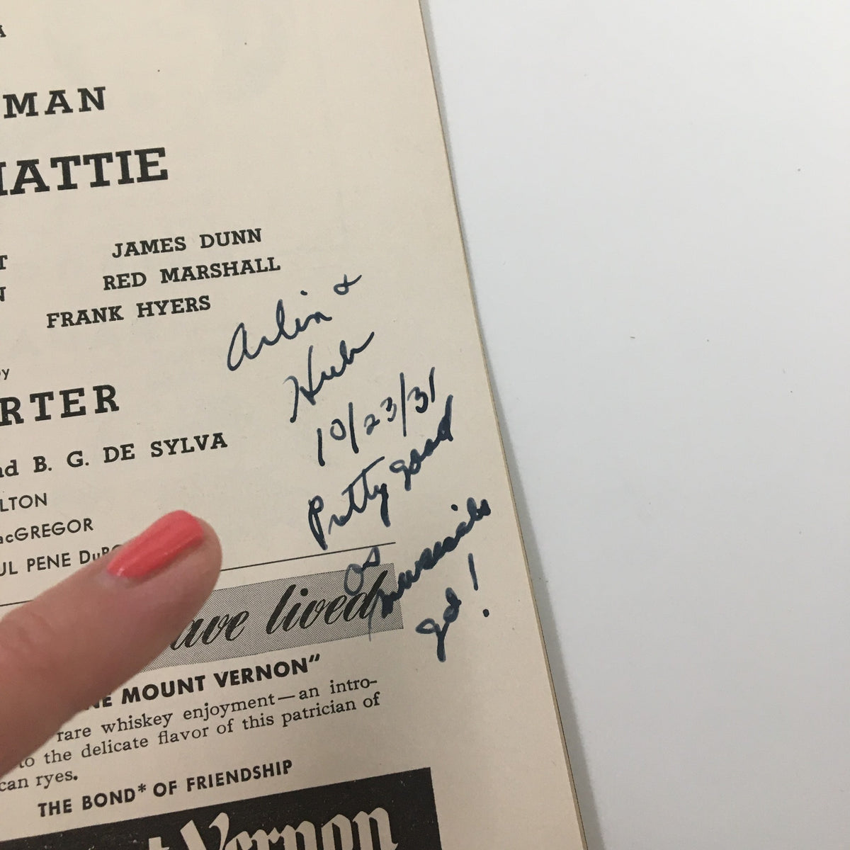 Close-up of the 1941 Playbill for Ethel Merman in Panama Hattie, showing handwritten notes and signatures.