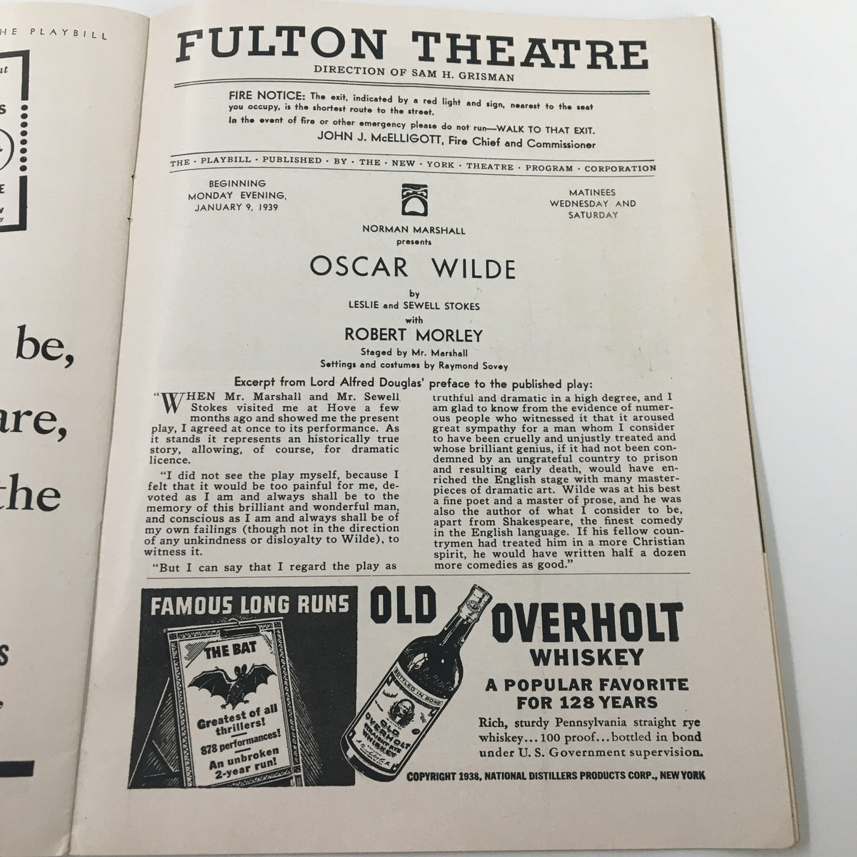 Inside page of the 1939 Playbill from the Fulton Theatre, detailing the production of Oscar Wilde by Leslie and Sewell Morley, including cast information and historical notes.