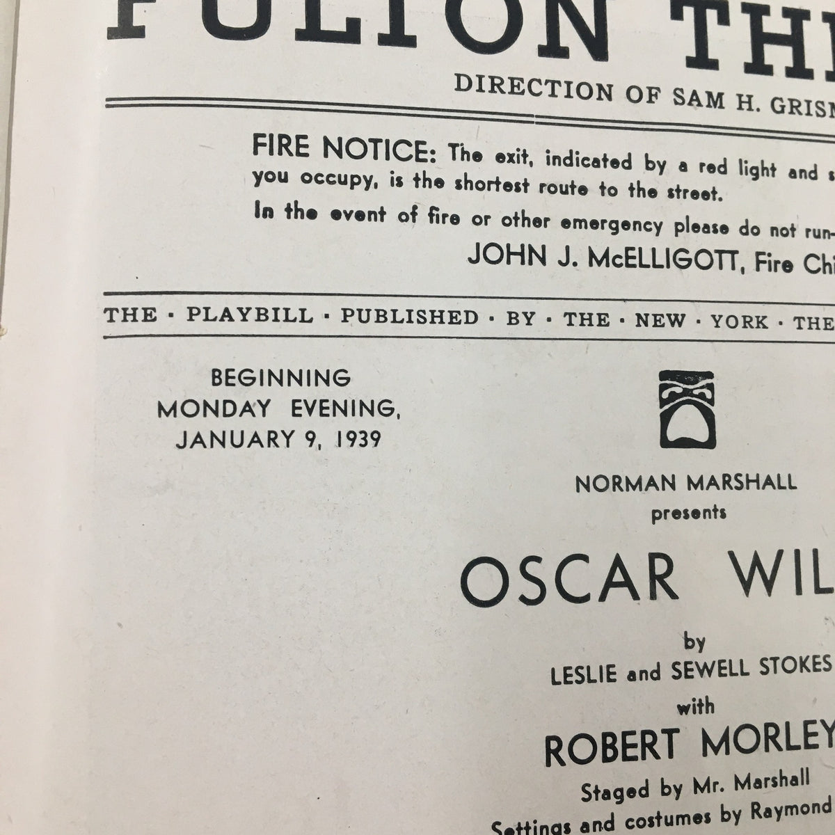 1939 Playbill from the Fulton Theatre featuring Oscar Wilde, showcasing production details including the fire notice and performance starting January 9, 1939, by Leslie and Sewell Morley.