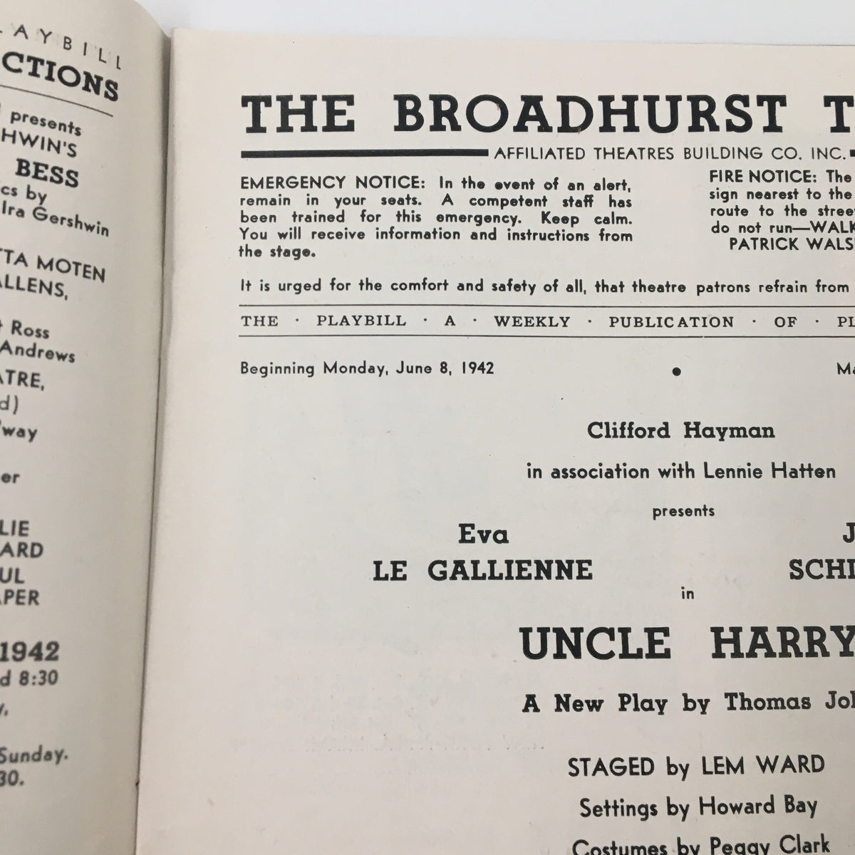 Inside view of the 1942 Playbill for Uncle Harry at The Broadhurst Theatre, showcasing production information and names of the starring actors Eva La Gallienne and Joseph Schildkraut.
