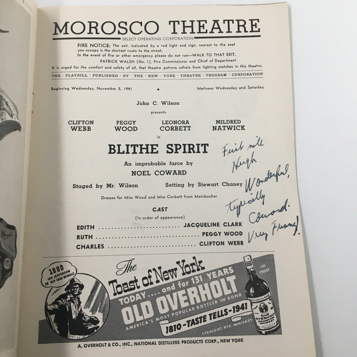 1941 Playbill from Morosco Theatre featuring Clifton Webb in 'Blithe Spirit' by Noel Coward, with details on cast and production.
