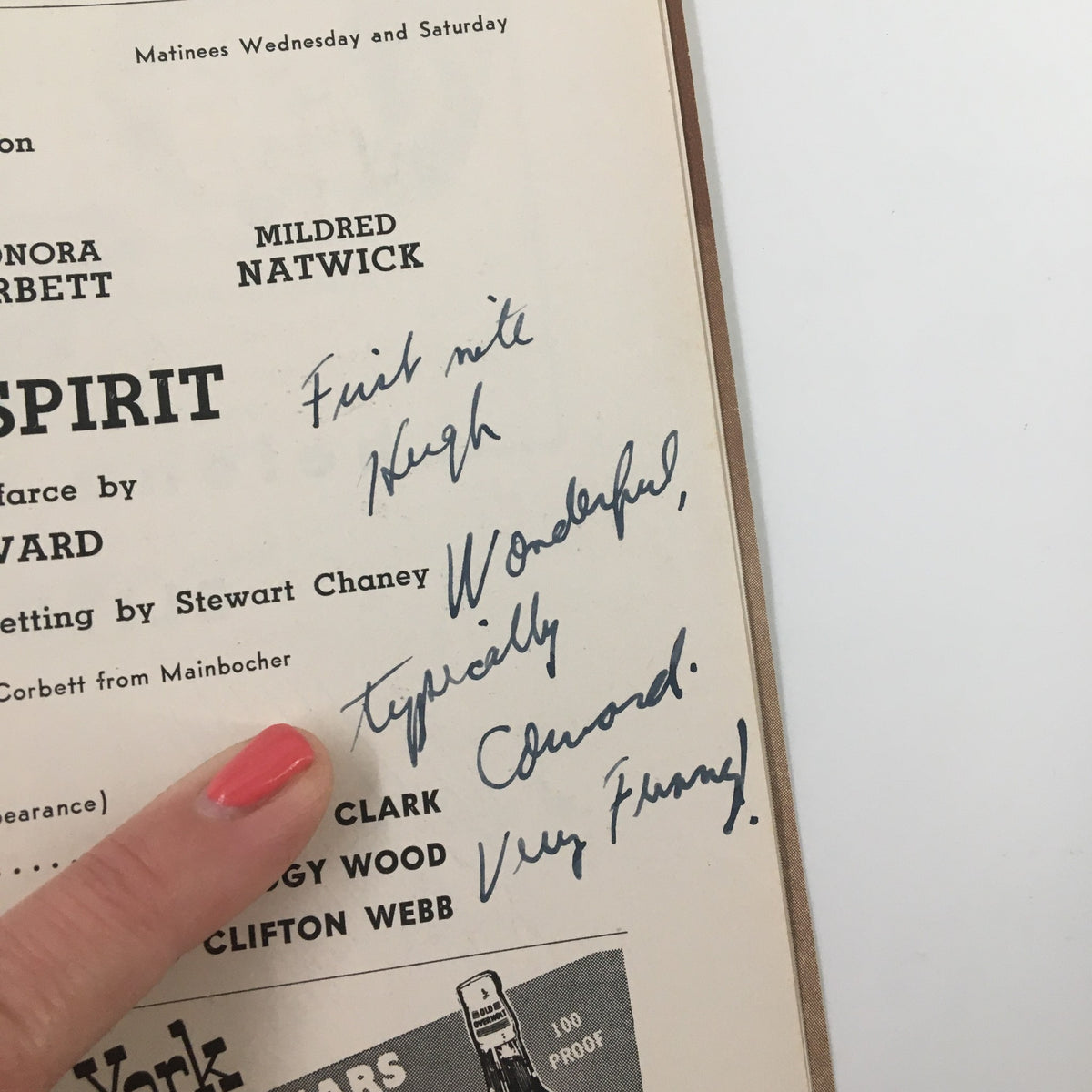 Close-up of handwritten notes on the 'Blithe Spirit' Playbill from 1941, featuring remarks about the performance.