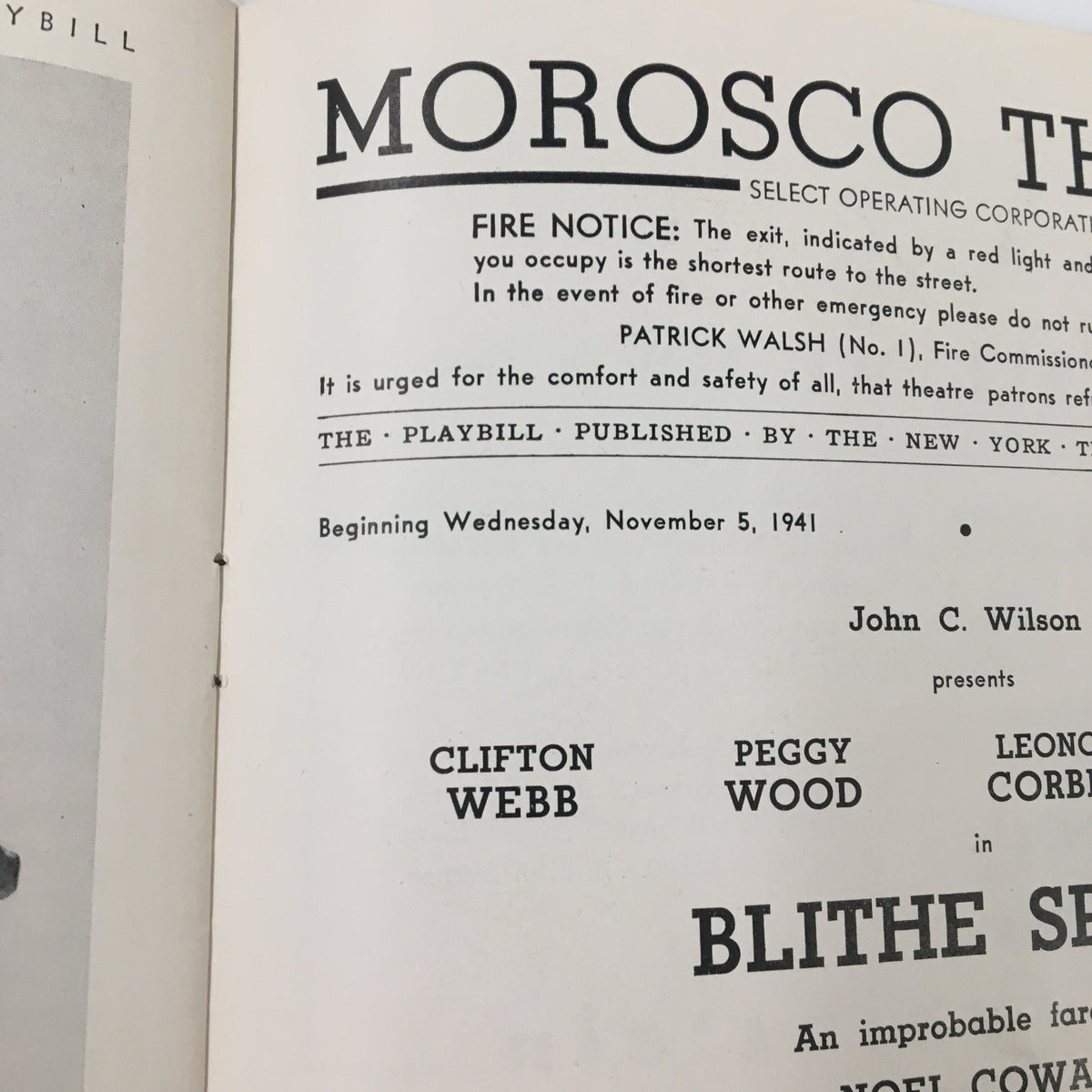 Inner page of the Morosco Theatre Playbill from 1941, showcasing cast members including Clifton Webb in 'Blithe Spirit' by Noel Coward.