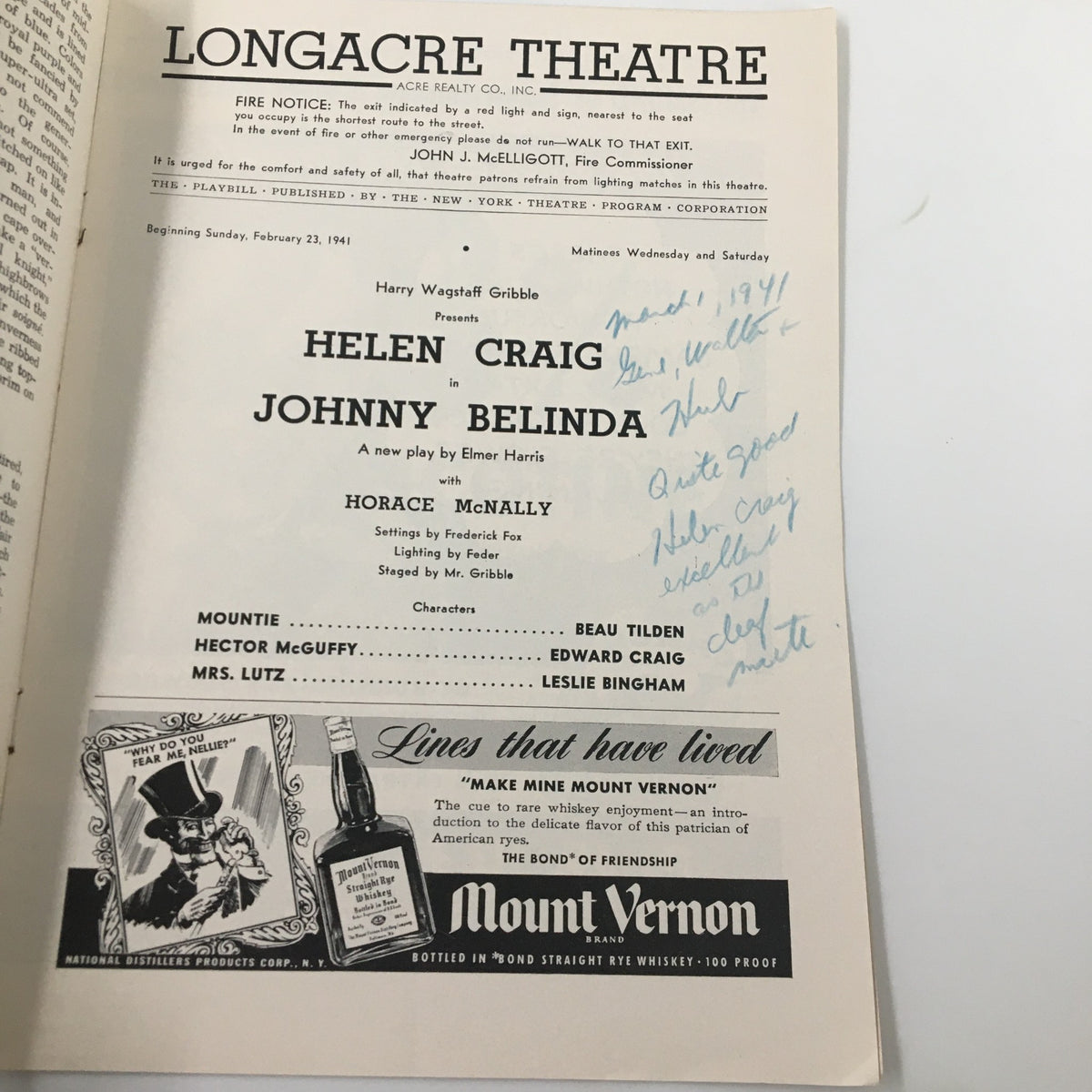 Inside page of the 1941 Playbill for Johnny Belinda at the Longacre Theatre, featuring cast details and autograph notes, including 'Helen Craig in Johnny Belinda' prominently displayed.
