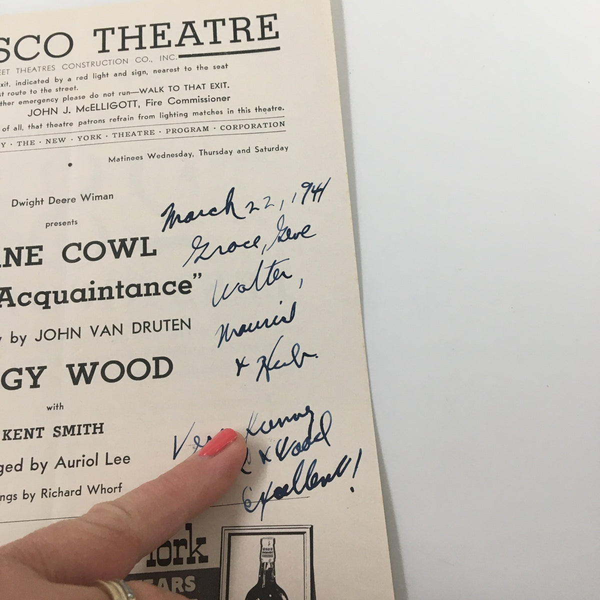 Inside view of the 1941 Playbill for Morosco Theatre featuring signatures and notes related to Jane Cowl's performance in 'Old Acquaintance'.