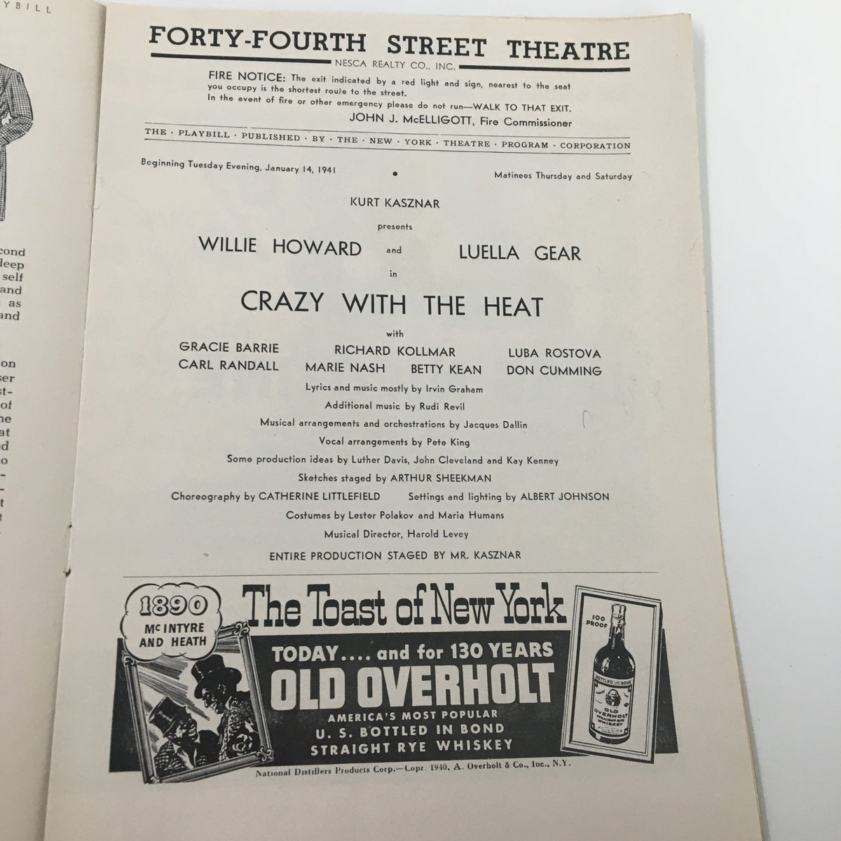Interior of the 1941 Playbill for the Forty-Fourth Street Theatre with cast details for Crazy with the Heat, including performers Willie Howard, Luella Gear, and others.