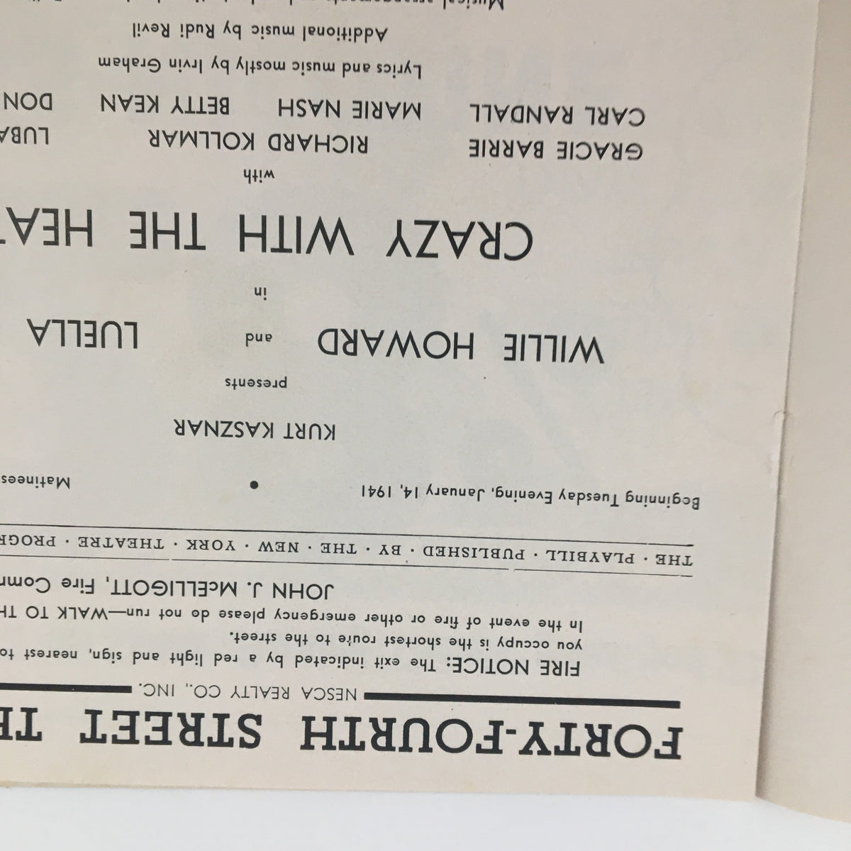 Back cover of the 1941 Playbill for Crazy with the Heat at the Forty-Fourth Street Theatre, displaying cast presentation details and performance information.