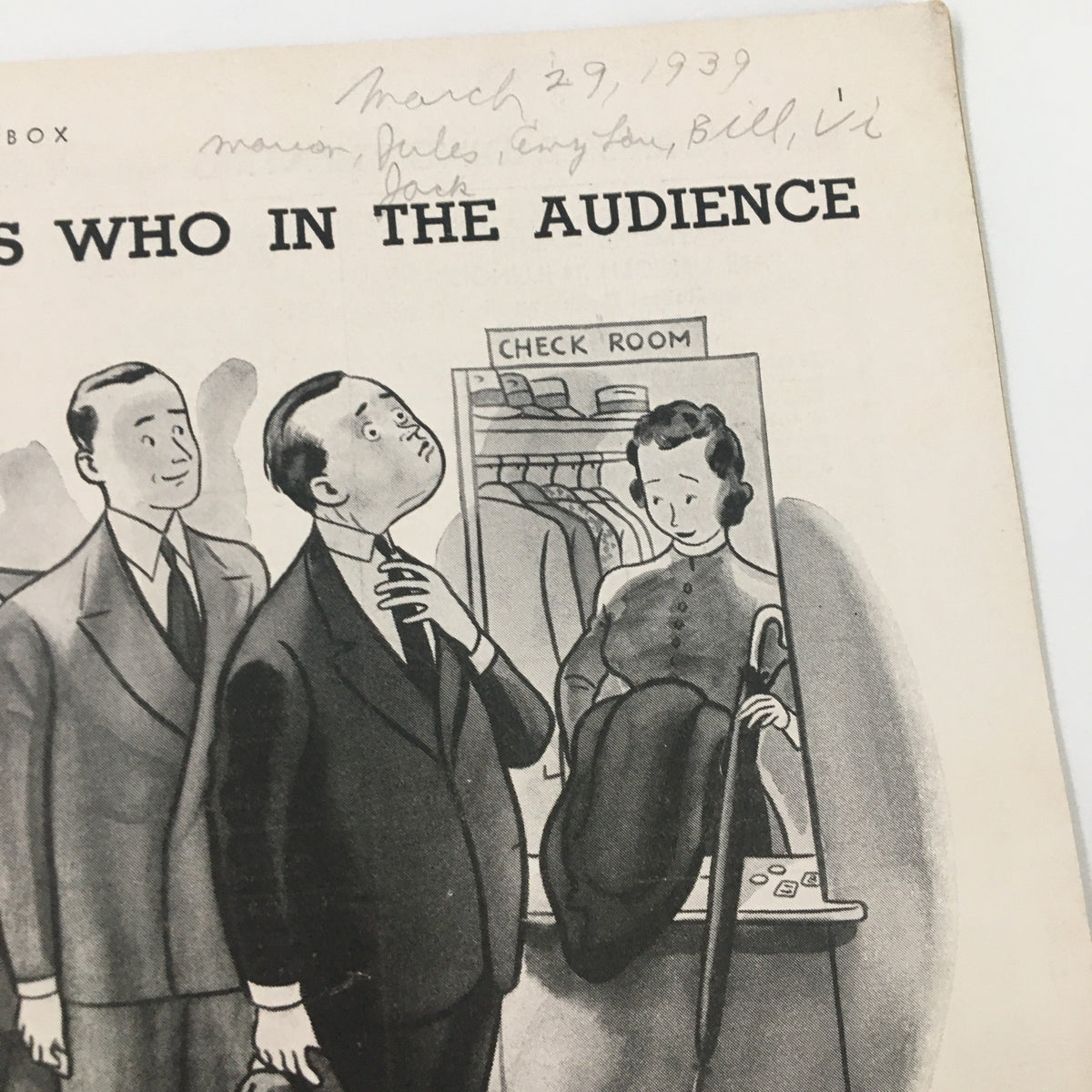 1939 Playbill The Music Box showing a cartoon illustration of audience members at a theater, highlighting the theme 'Who's Who in the Audience'.