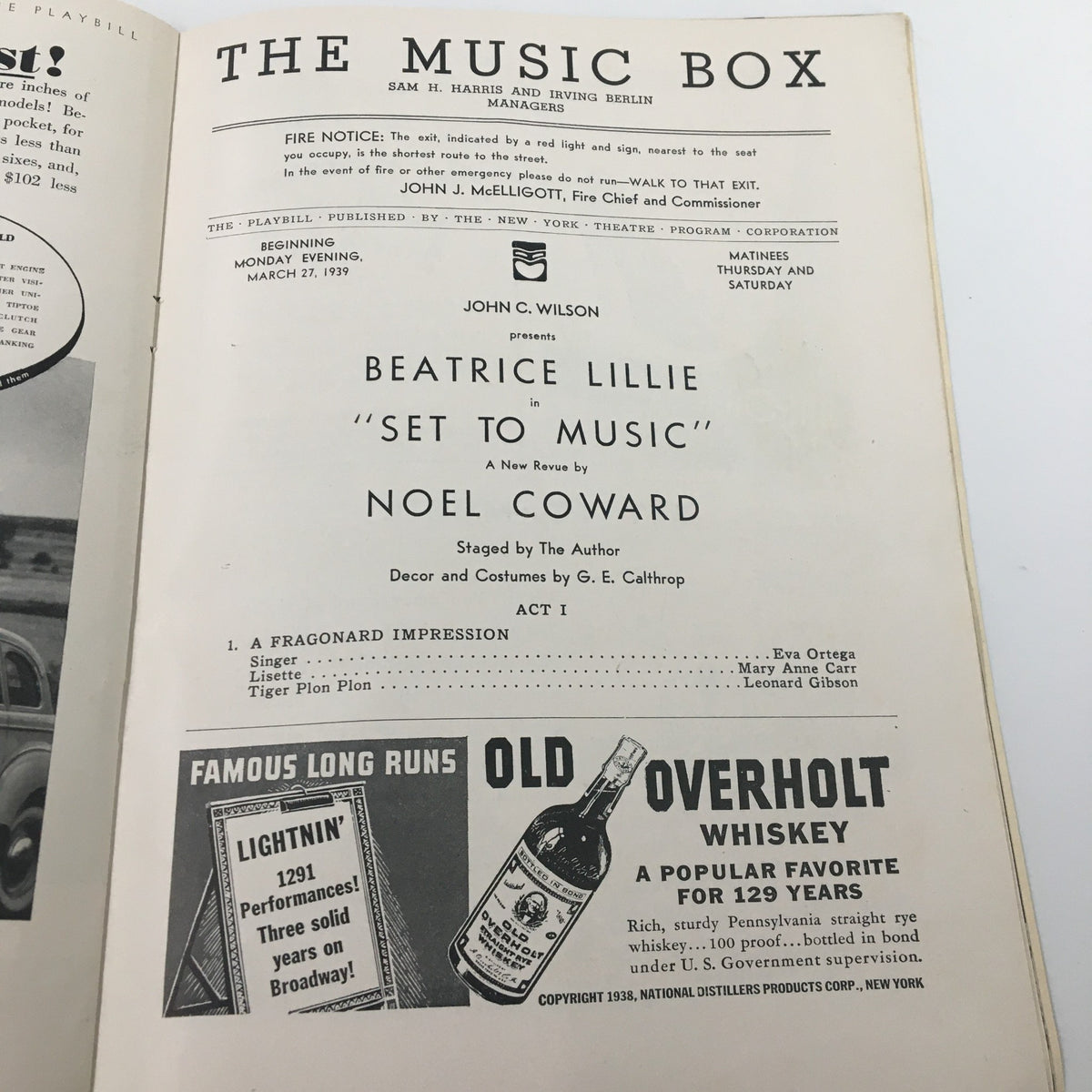 1939 Playbill The Music Box, detailing the performance 'Set To Music' by Noel Coward, featuring Beatrice Lillie, with stage and production information.