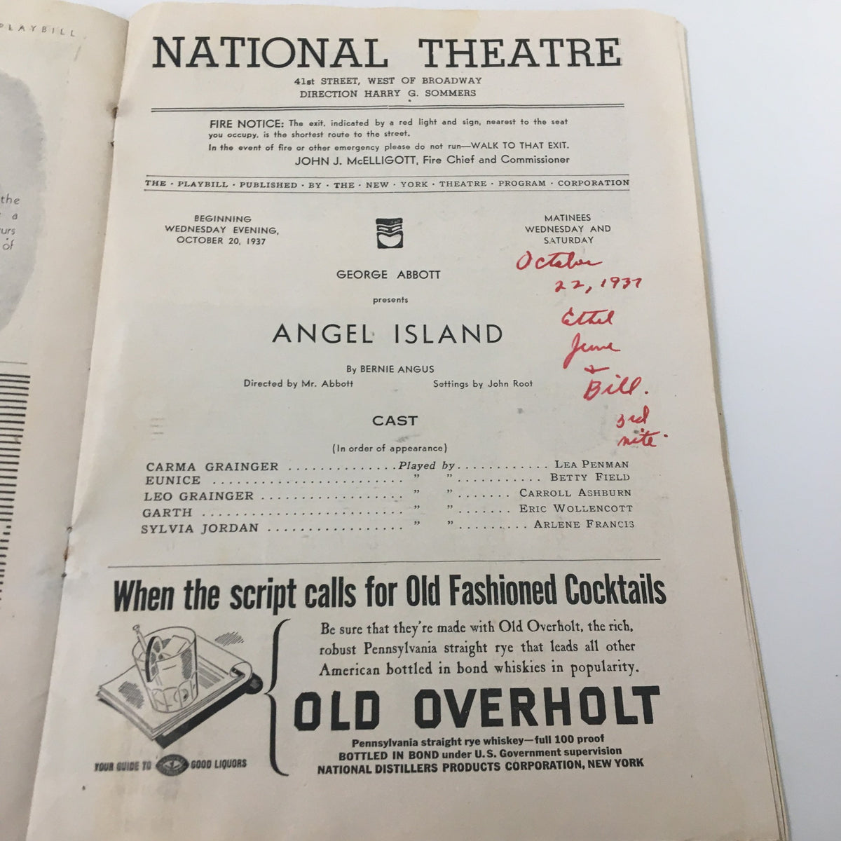 1937 Playbill National Theatre featuring 'Angel Island' by Bernie Angus, including performance details and cast list, showcasing the historical significance of this theatrical artifact.