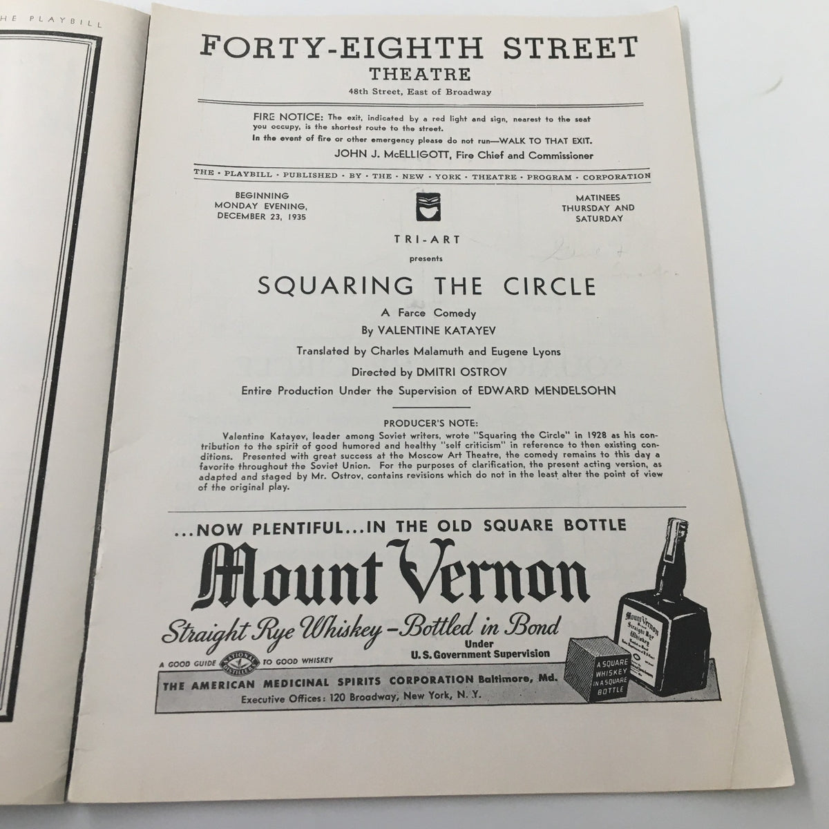 Interior page of the 1935 Playbill for 'Squaring The Circle' by Valentine Katayev, detailing the production information and historical context of the play.