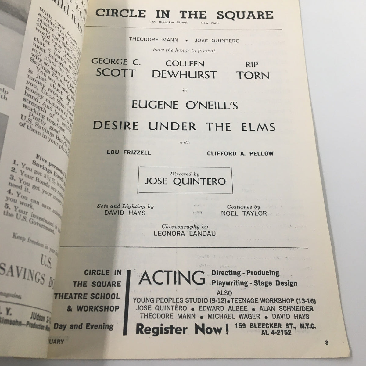 1960 Showbill for Circle In The Square presenting Eugene O'Neill's Desire Under The Elms featuring George C. Scott and Colleen Dewhurst, showcasing production details and cast.
