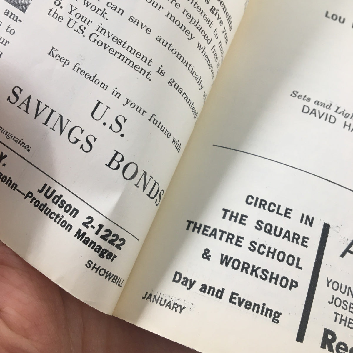 Interior view of the 1960 Showbill for Circle In The Square's Desire Under The Elms, highlighting U.S. Savings Bonds advertisement and details about the theatre school and workshops.