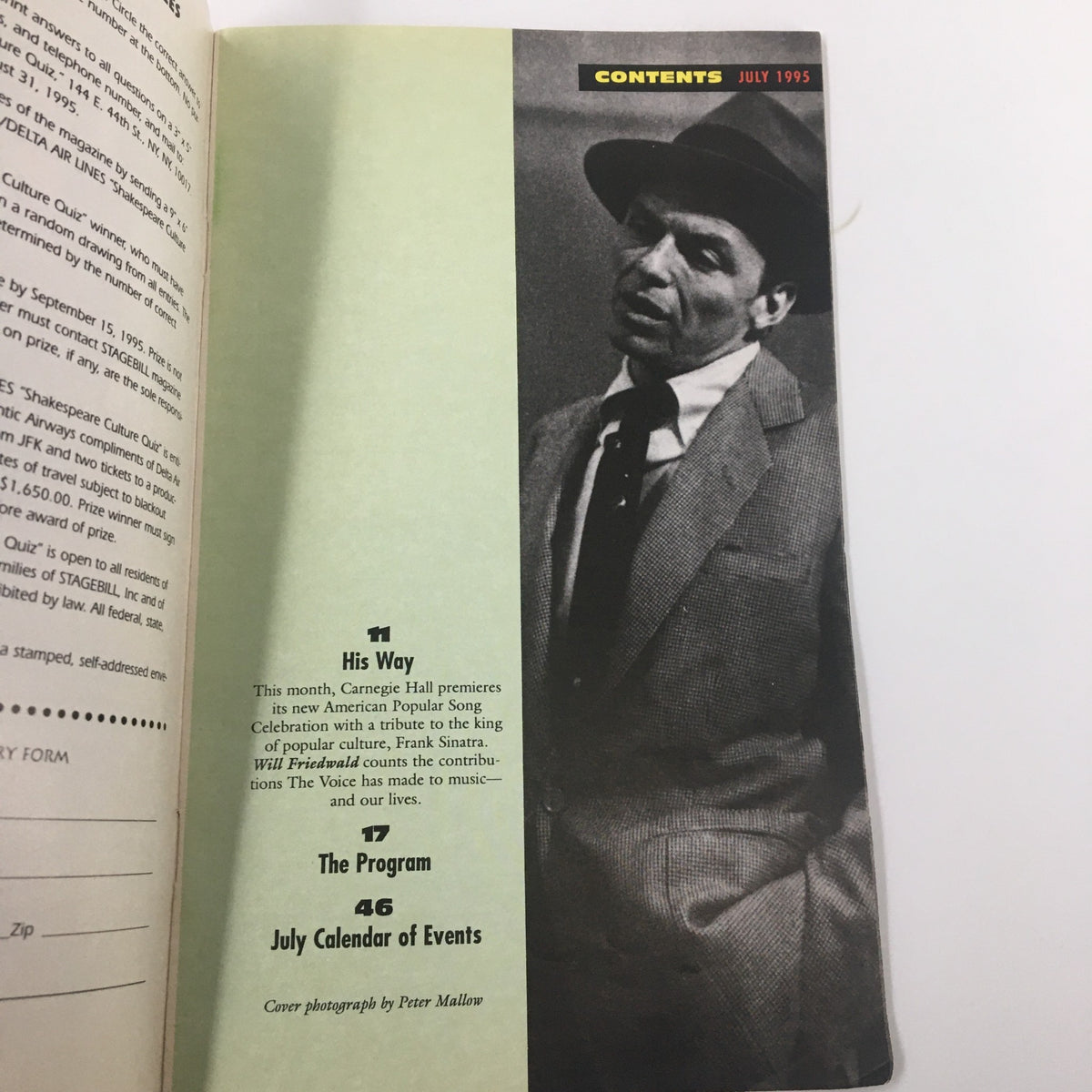 Inside page of the 1995 Stagebill for Carnegie Hall, displaying an image of Frank Sinatra in a suit and hat, with content about 'His Way' in the program.