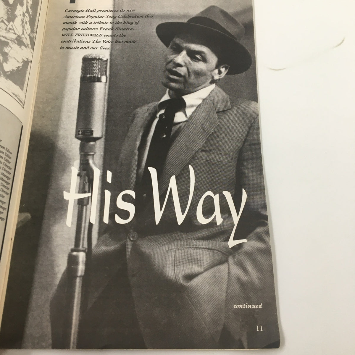 Page from the 1995 Stagebill for Carnegie Hall, showcasing an image of Frank Sinatra with the title 'His Way' prominently displayed.