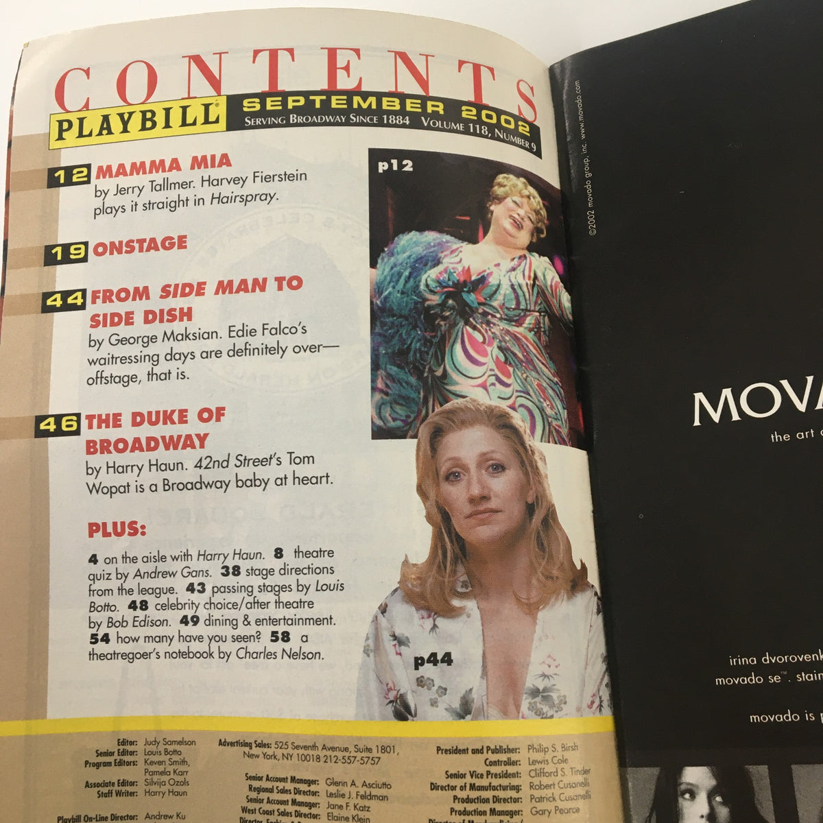Inside page of a 2002 Playbill for The Full Monty at the Eugene O'Neill Theatre, featuring the contents list including Mamma Mia and The Duke of Broadway.