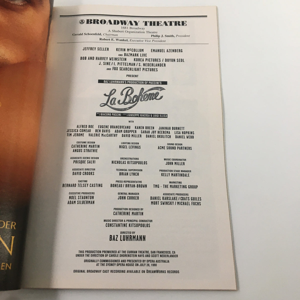 Cast and production details for the Broadway show La Bohème listed in the 2003 Playbill, showcasing key contributors to the acclaimed opera.