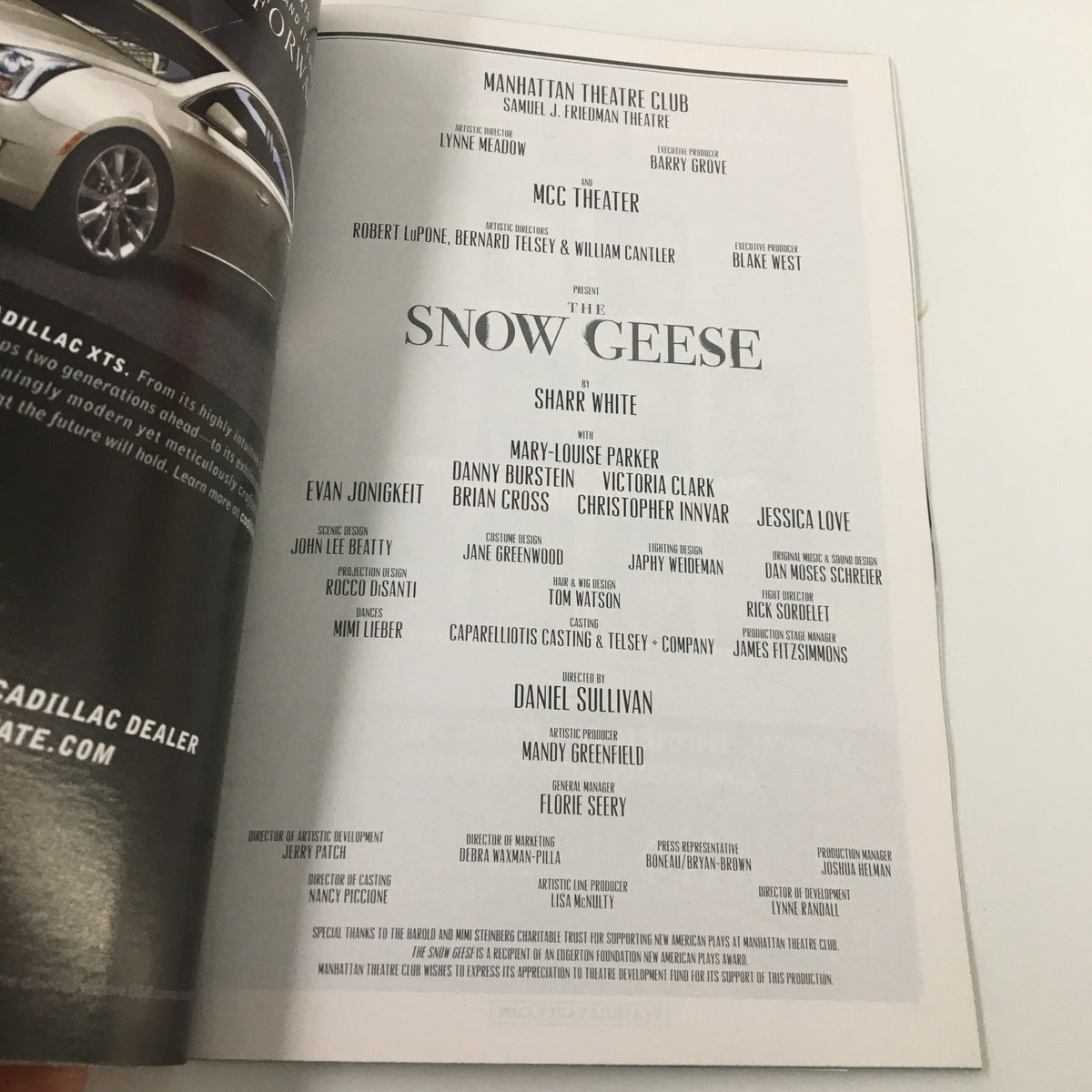 Cast and creative team page from the 2013 Playbill for The Snow Geese by Sharon White detailing the production's contributors.
