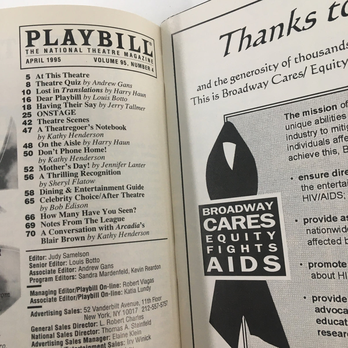Inside page of the April 1995 Playbill showcasing cast and crew details for Show Boat.