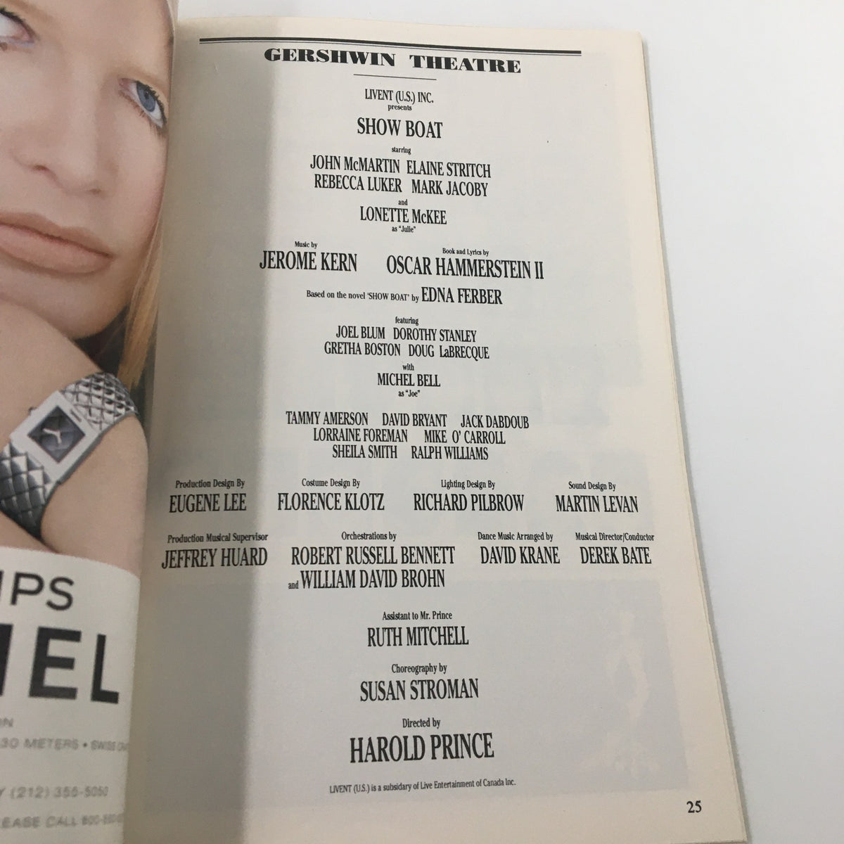 Back page of the Gershwin Theatre Playbill for Show Boat, listing production staff and creatives.