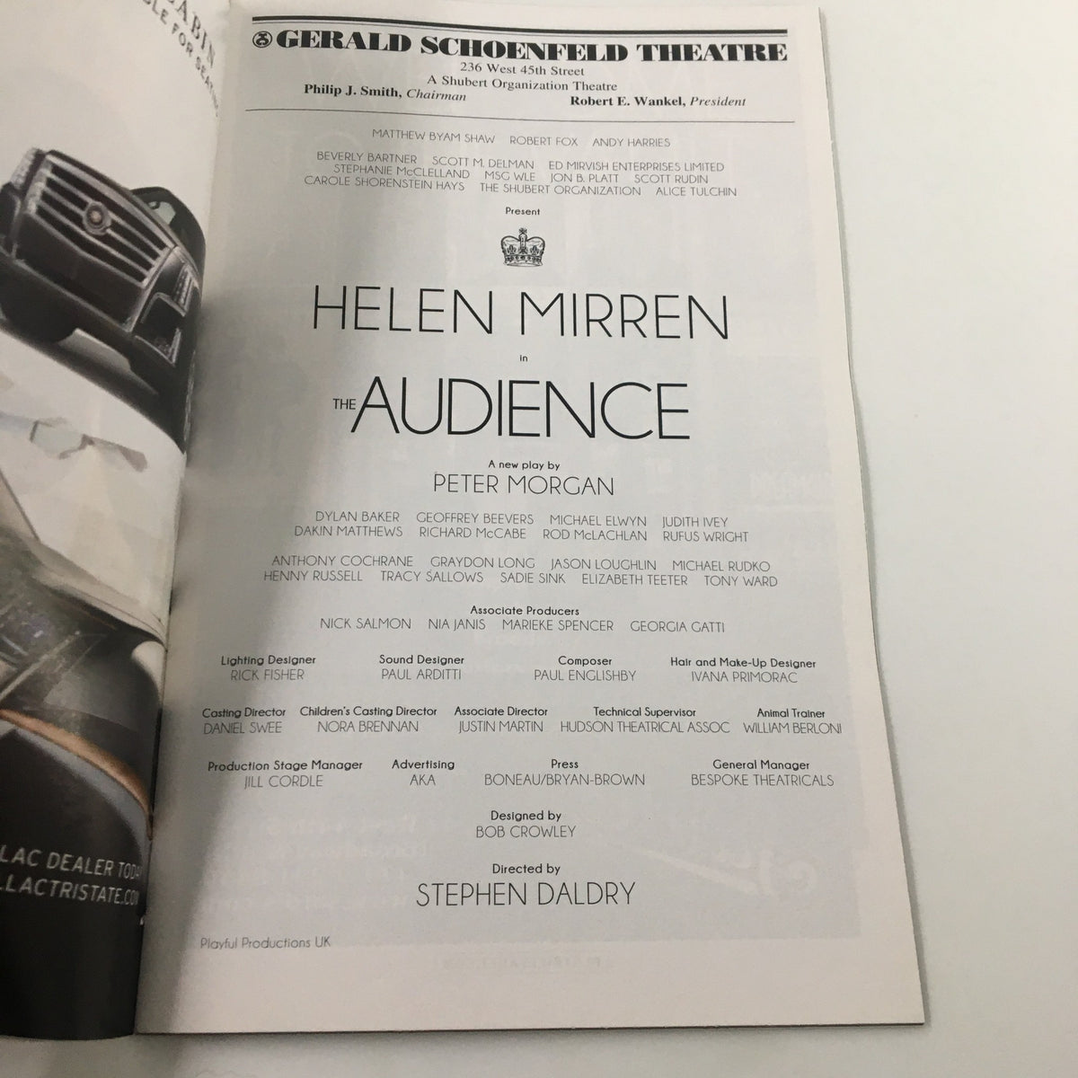 Credits page from the 2015 Playbill for The Audience at Gerald Schoenfeld Theatre, listing the talented cast and crew involved in the production featuring Helen Mirren.