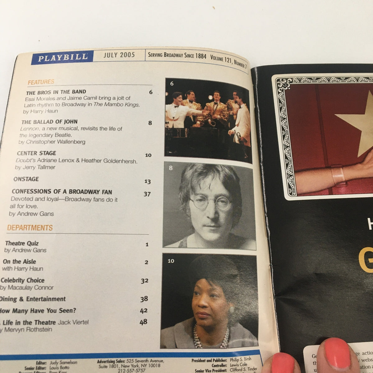 Inside view of the July 2005 Playbill for Glen Garry, Glen Ross at Bernard B. Jacobs Theatre, featuring features and articles relevant to Broadway.