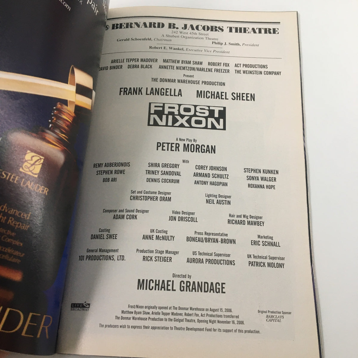 Cast page of the 2007 Playbill for Frost Nixon highlighting the main stars Frank Langella and Michael Sheen, along with production credits and creative team details.
