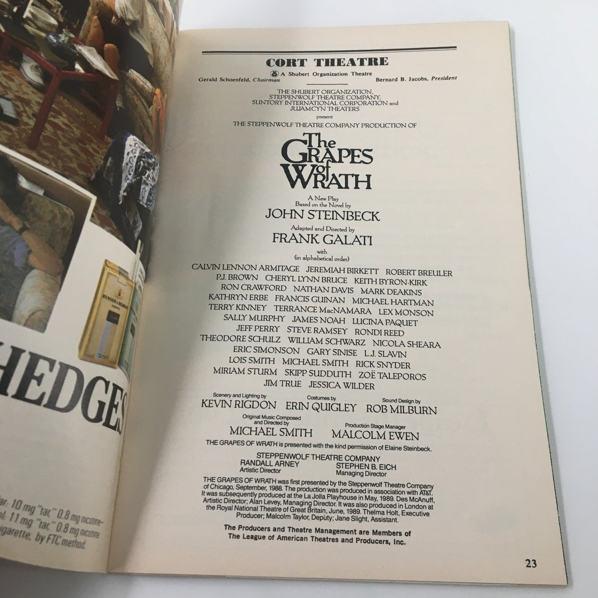 Credits page of the 1990 Playbill for The Grapes of Wrath by John Steinbeck, showcasing the cast and crew of the Cort Theatre production.