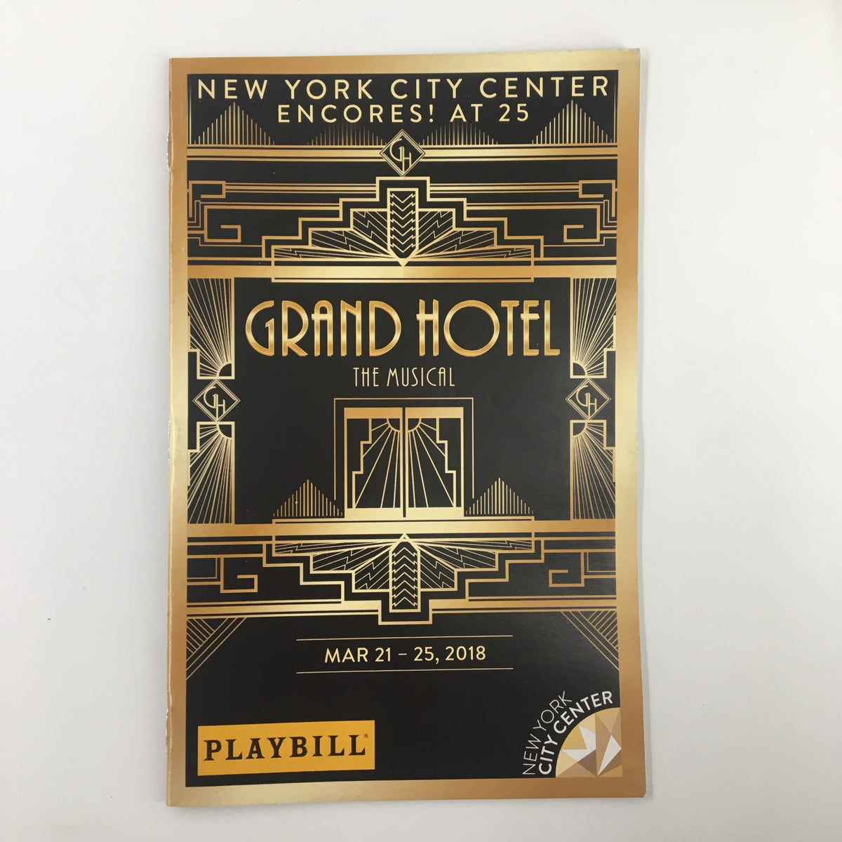 2018 Playbill for Grand Hotel: The Musical at New York City Center, showcasing an Art Deco design with the title prominently displayed.