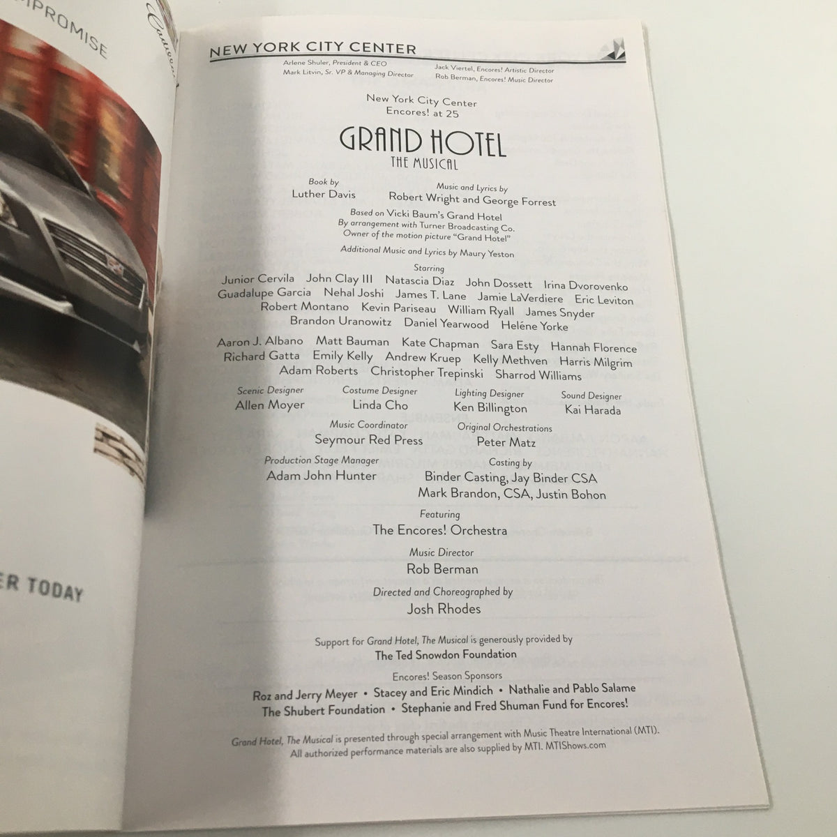 Credits page of the 2018 Playbill for 'Grand Hotel: The Musical,' including cast and crew details at New York City Center.