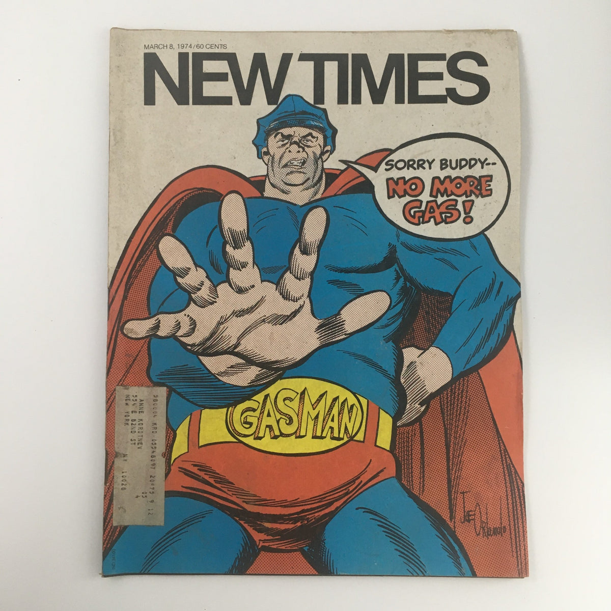 Cover of New Times Magazine dated March 8, 1974 featuring Gasman illustration by Joe Orlando, depicting a superhero character in a blue outfit with a red cape and a yellow belt labeled 'GASMAN'.