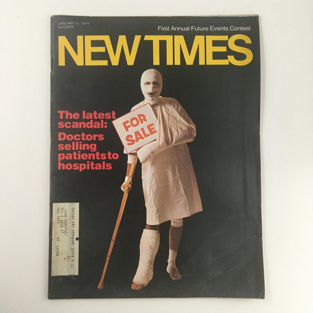 Cover of New Times Magazine from January 11, 1974 featuring the headline 'Doctors Selling Patients to Hospitals' with an illustrative model portraying the topic.