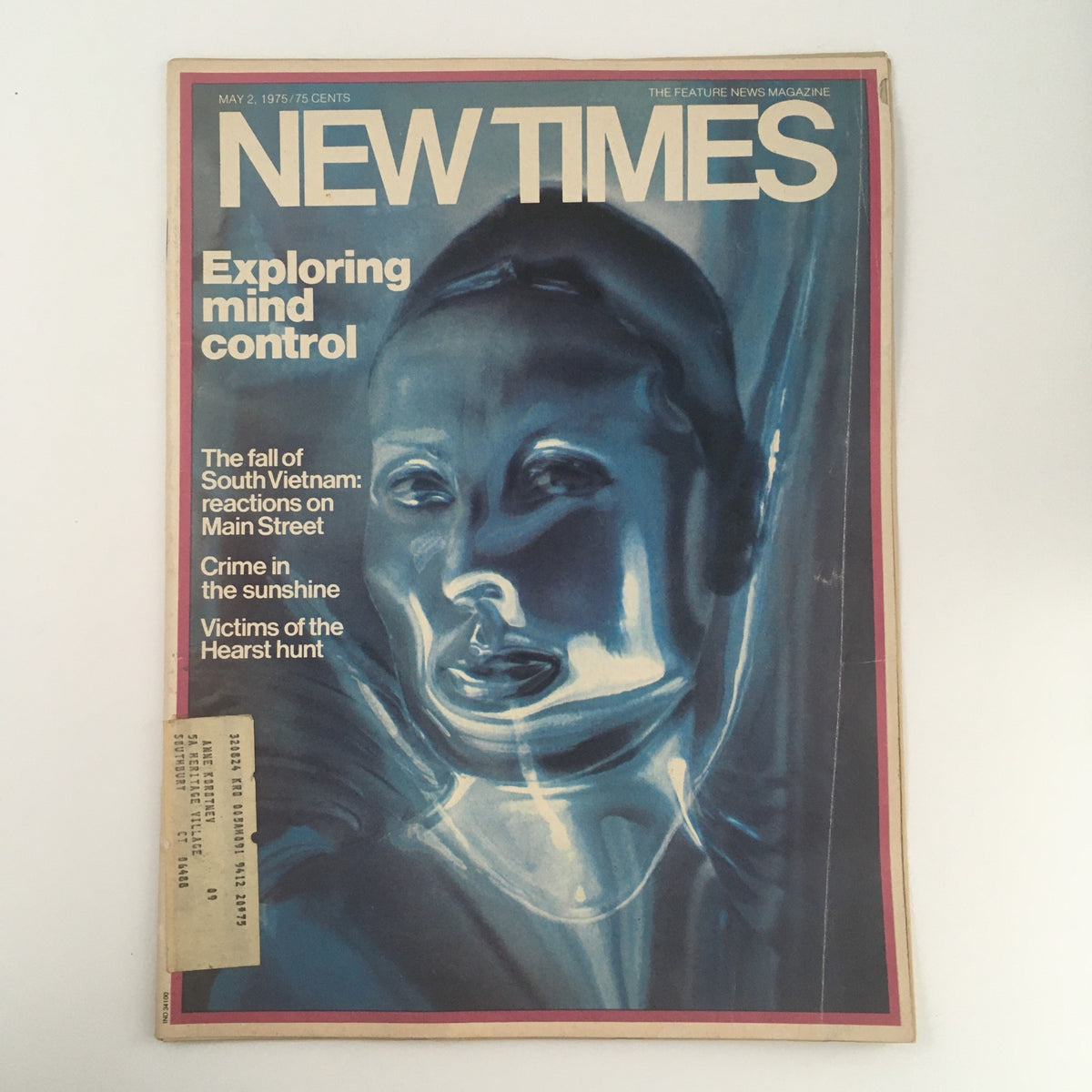 Cover of New Times Magazine from May 2, 1975, featuring the title 'Exploring Mind Control', with articles on the Fall of South Vietnam and other topics like crime and reactions on Main Street.