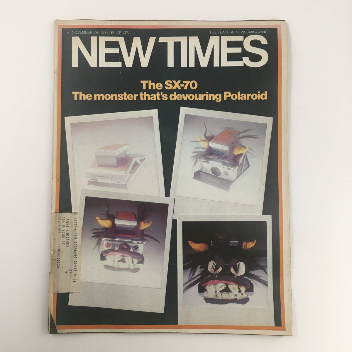 Cover of New Times Magazine from November 29, 1974, featuring a headline about 'The SX-70 Monster That Devoured Polaroid' with artistic illustrations of cameras and instant photography.