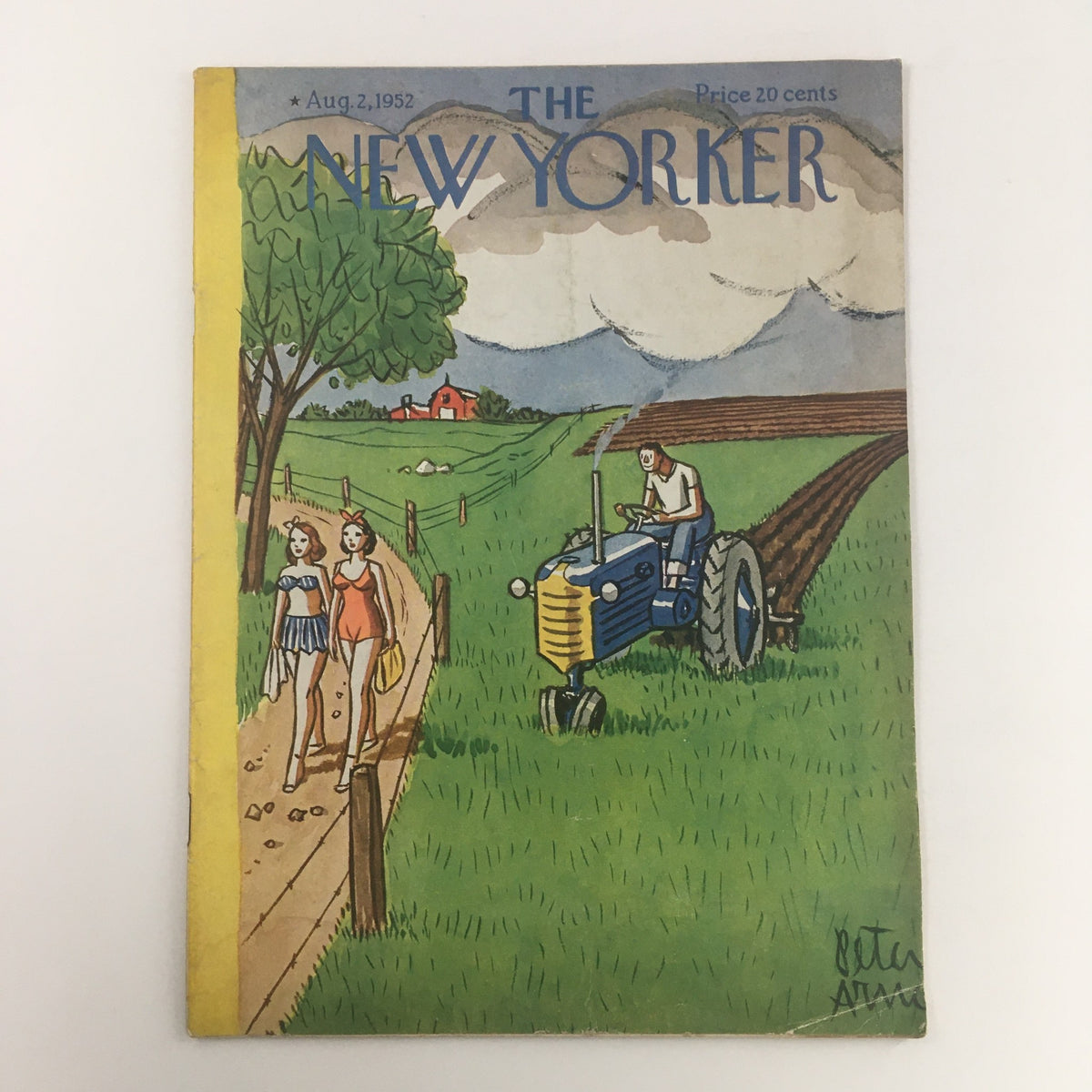 Cover of The New Yorker, August 2, 1952, featuring artwork by Peter Arno, depicting two women walking along a country road while a farmer operates a blue tractor amidst a lush green landscape.
