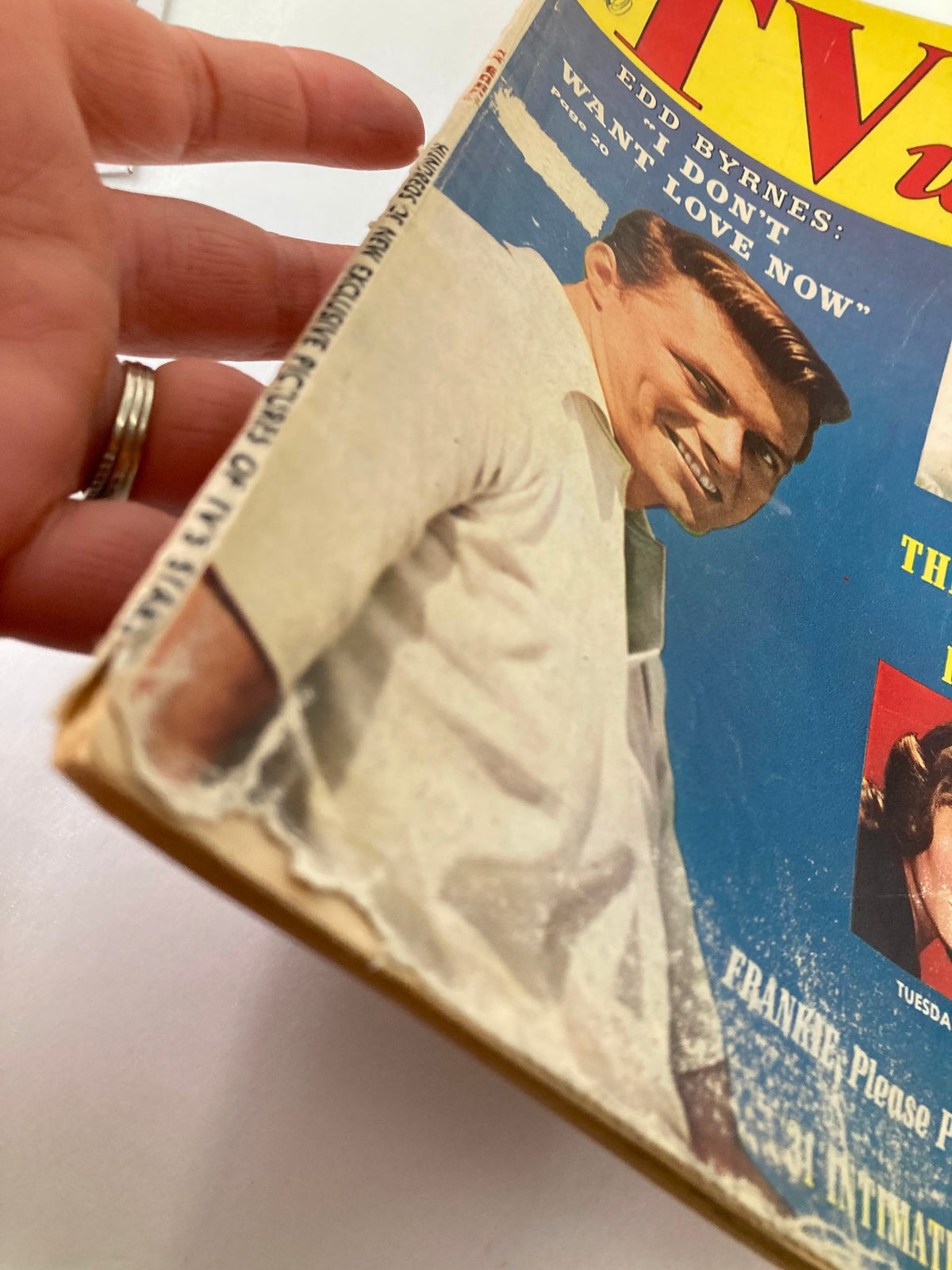 Close-up of the spine of VTG TV World Magazine October 1959 edition, highlighting minor wear and vintage charm.