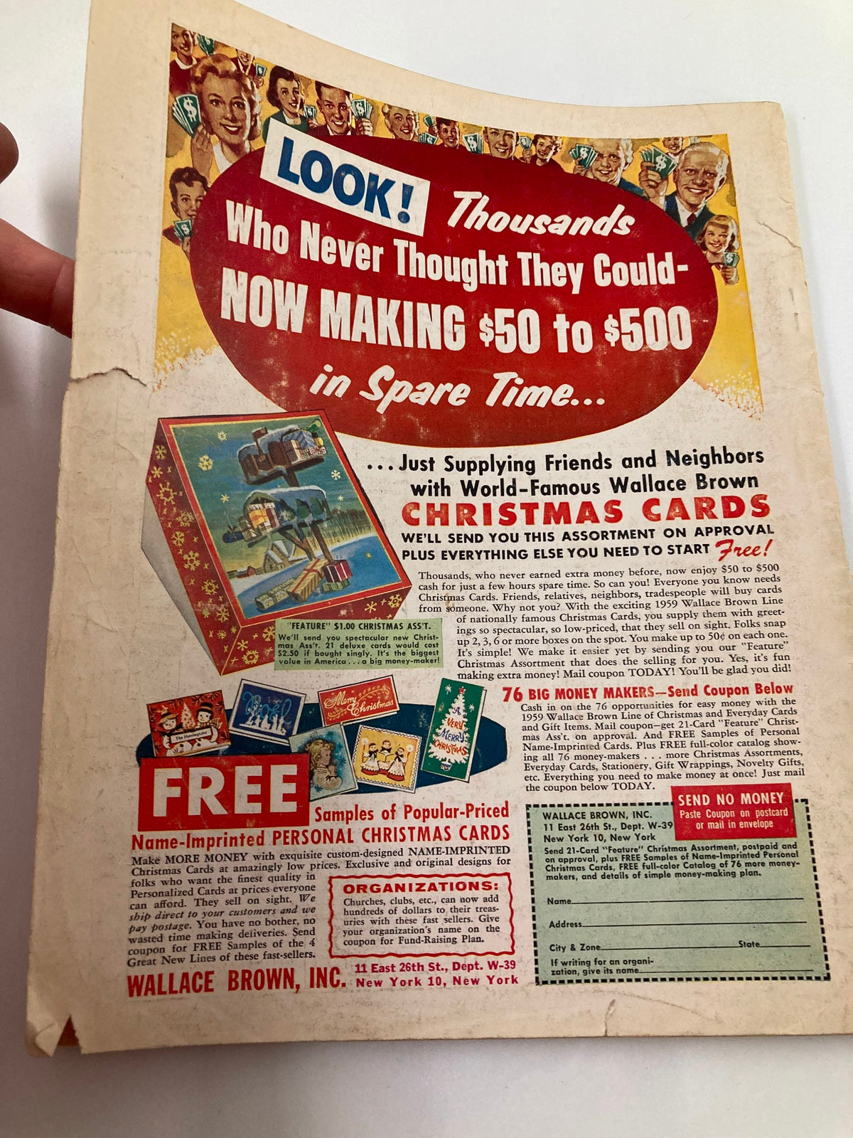 Back cover advertisement of VTG TV World Magazine October 1959 Vol 7 #7 featuring promotional content for Wallace Brown Christmas Cards.