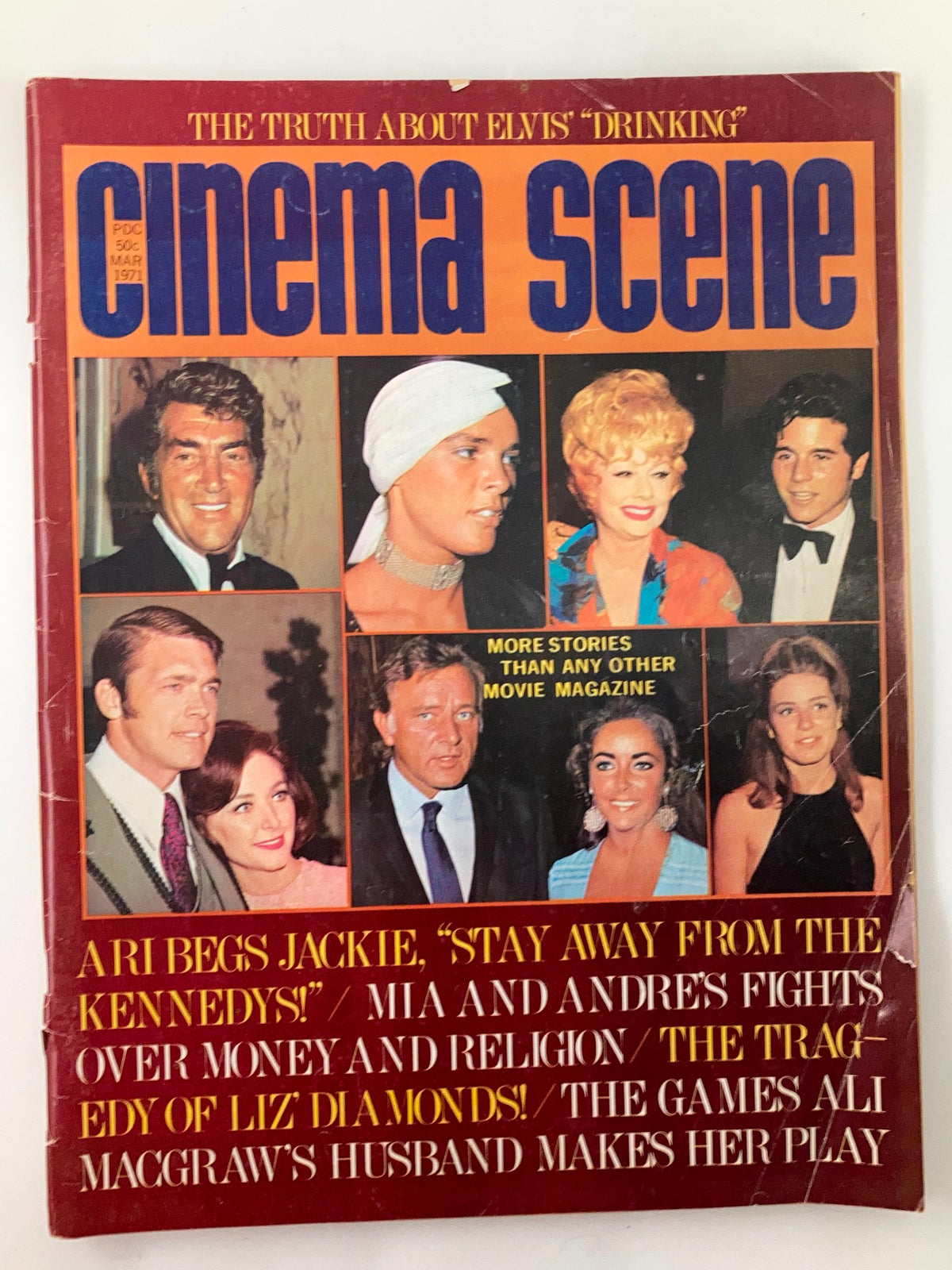 Cover of VTG Cinema Scene Magazine March 1971 Vol 1 #6 featuring headlines about Elizabeth Taylor and other celebrities, showcasing vintage celebrity culture.
